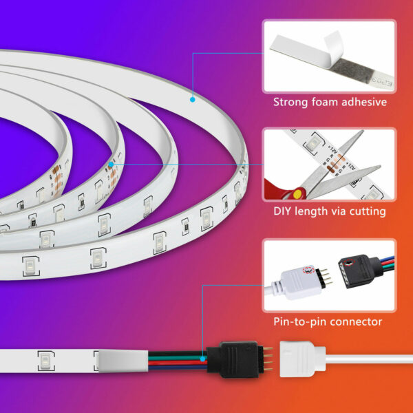 16.4FT RGB Flexible 300LED Strip Light SMD Remote Fairy Lights Room TV Party Bar  LED Strip Light Remote Fairy Light Room Party Waterproof - immagine 9